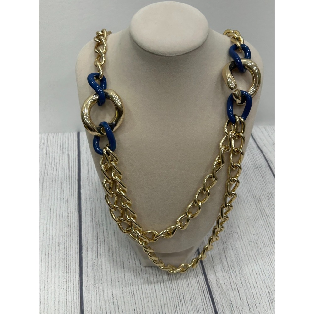 NWT Anne Klein Blue & Gold Tone Chunky Curb Chain Statement Necklace 24"